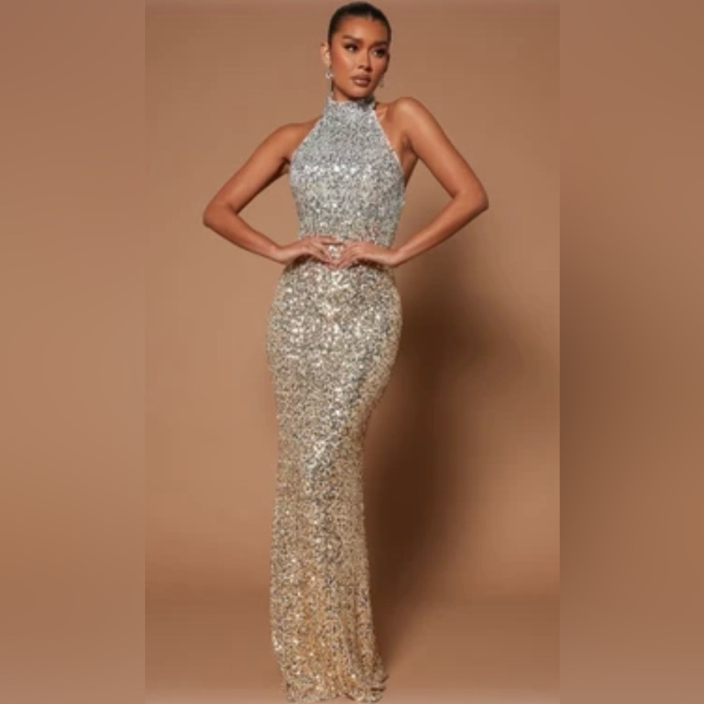 Sparkling Silver & Gold Sequin Strapless Evening Gown